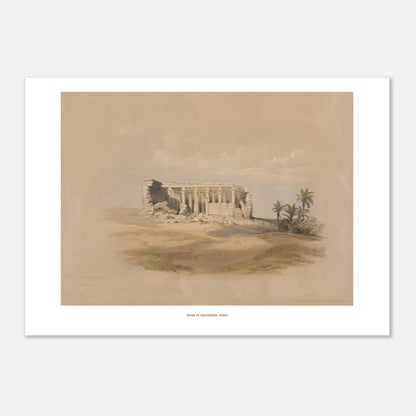 Planche ancienne : Ruines de Maharraka en Nubie, David Roberts (42x59,4 cm (A2)). Lithographie représentant les ruines d'un temple de Maharraka en Nubie, avec une colonnade et des murs en ruine sur un terrain sablonneux, agrémenté de palmiers.