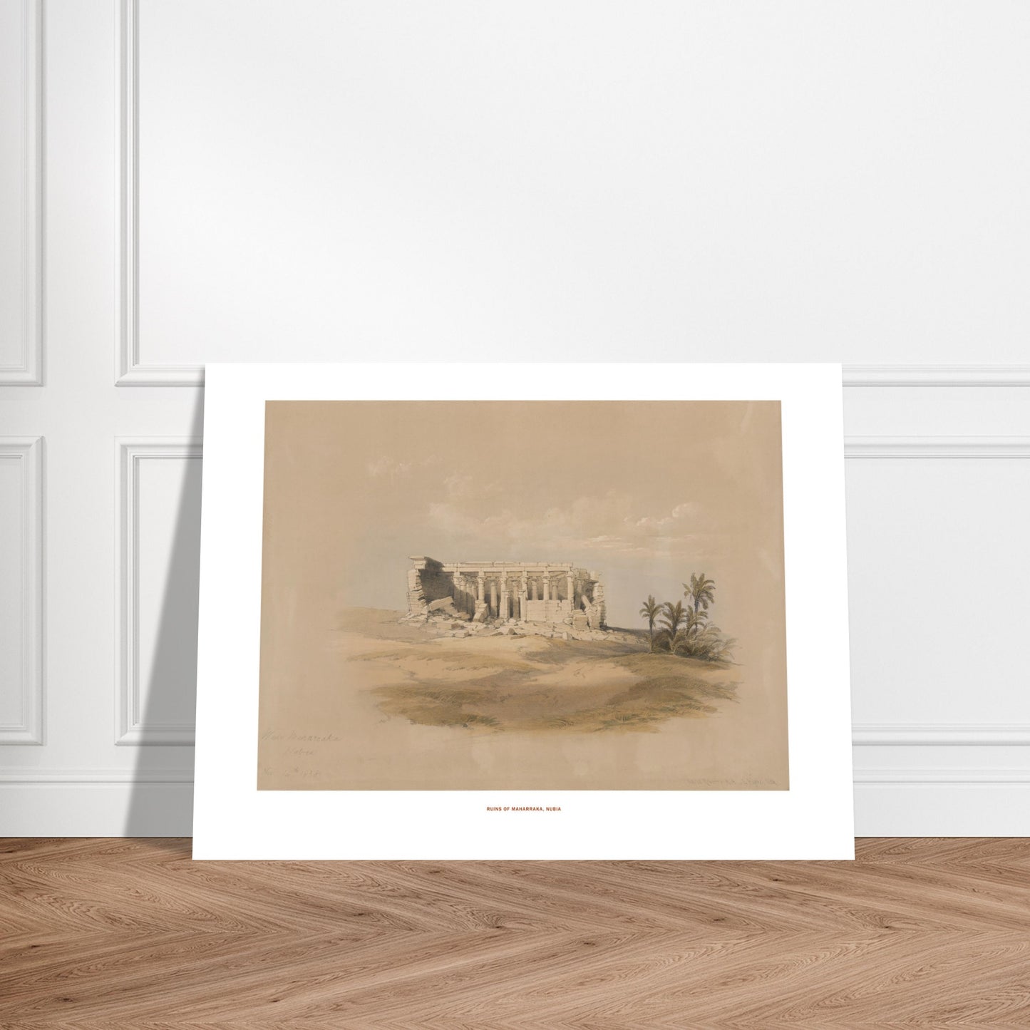 Planche ancienne : Ruines de Maharraka en Nubie, David Roberts. Lithographie représentant les ruines d'un temple de Maharraka en Nubie, avec une colonnade et des murs en ruine sur un terrain sablonneux, agrémenté de palmiers. Image d'illustration 6