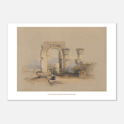 Planche ancienne : Ruines d'un temple sur l'île de Biggeh, David Roberts (21x29,7 cm (A4)). Lithographie ancienne représentant les ruines d'un temple avec un arche monumental et des colonnes décorées, entourées de quelques figures humaines.