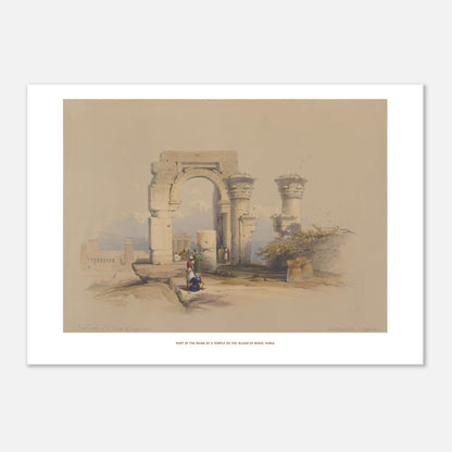Planche ancienne : Ruines d'un temple sur l'île de Biggeh, David Roberts (29,7x42 cm (A3)). Lithographie ancienne représentant les ruines d'un temple avec un arche monumental et des colonnes décorées, entourées de quelques figures humaines.