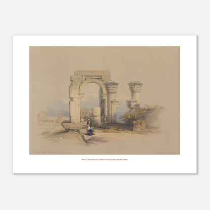 Planche ancienne : Ruines d'un temple sur l'île de Biggeh, David Roberts (30x40 cm). Lithographie ancienne représentant les ruines d'un temple avec un arche monumental et des colonnes décorées, entourées de quelques figures humaines.