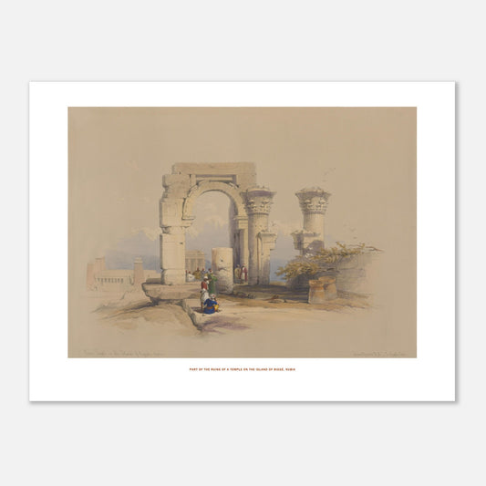 Planche ancienne : Ruines d'un temple sur l'île de Biggeh, David Roberts (30x40 cm). Lithographie ancienne représentant les ruines d'un temple avec un arche monumental et des colonnes décorées, entourées de quelques figures humaines.