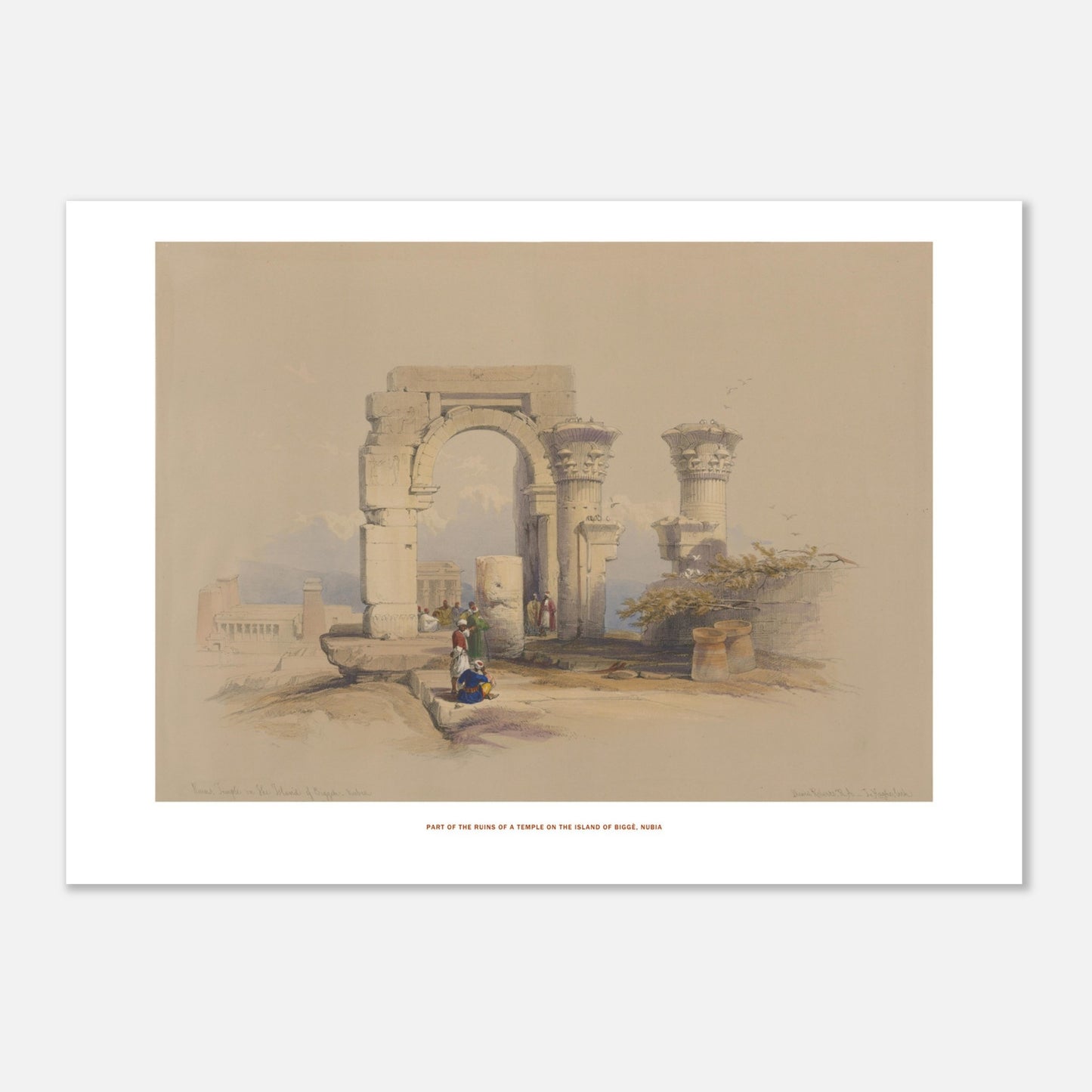 Planche ancienne : Ruines d'un temple sur l'île de Biggeh, David Roberts (50x70 cm). Lithographie ancienne représentant les ruines d'un temple avec un arche monumental et des colonnes décorées, entourées de quelques figures humaines.