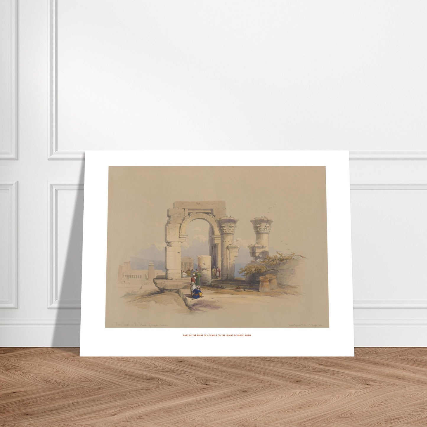 Planche ancienne : Ruines d'un temple sur l'île de Biggeh, David Roberts. Lithographie ancienne représentant les ruines d'un temple avec un arche monumental et des colonnes décorées, entourées de quelques figures humaines. Image d'illustration 6