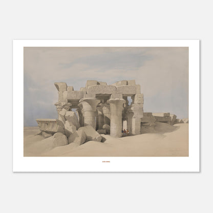 Gravure ancienne : Le temple de Kom Ombo, Égypte, David Roberts (29,7x42 cm (A3)). Lithographie montrant les ruines d'un temple antique de Kom Ombo, partiellement enfoui dans le sable, avec des colonnes imposantes et des blocs de pierre éparpillés.
