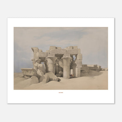 Gravure ancienne : Le temple de Kom Ombo, Égypte, David Roberts (40x50 cm). Lithographie montrant les ruines d'un temple antique de Kom Ombo, partiellement enfoui dans le sable, avec des colonnes imposantes et des blocs de pierre éparpillés.