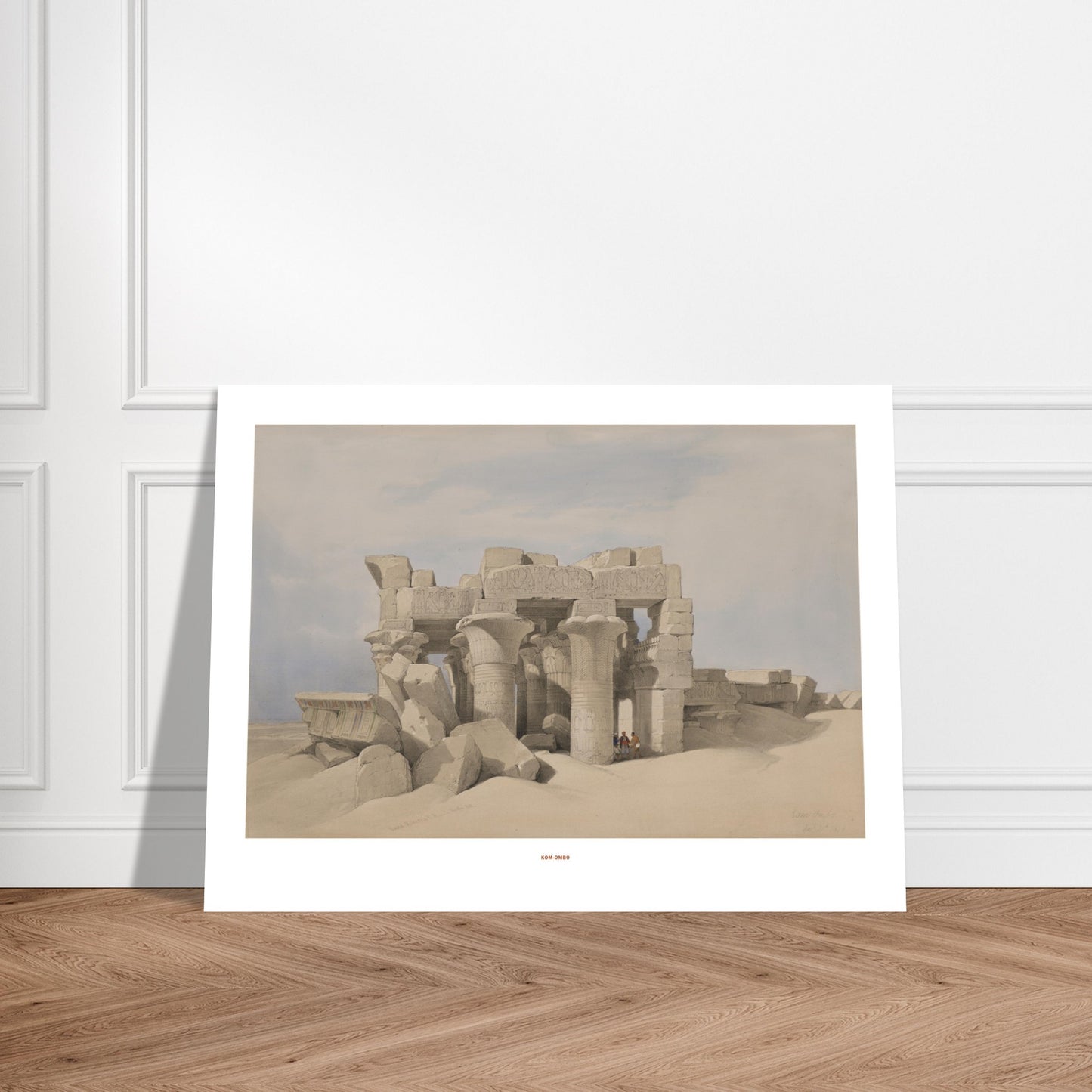 Gravure ancienne : Le temple de Kom Ombo, Égypte, David Roberts. Lithographie montrant les ruines d'un temple antique de Kom Ombo, partiellement enfoui dans le sable, avec des colonnes imposantes et des blocs de pierre éparpillés. Image d'illustration 6