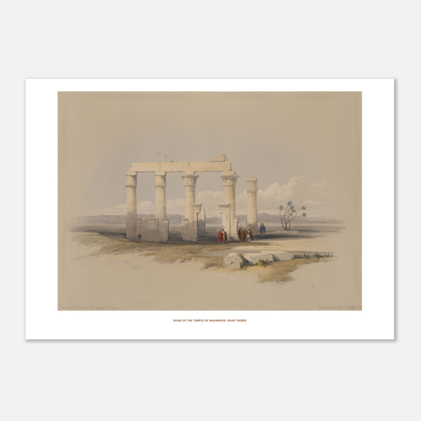Gravure ancienne : Temple de Madamoud près de Thèbes, David Roberts (21x29,7 cm (A4)). Lithographie montrant les ruines du temple de Madamous près de Thèbes, avec des colonnes imposantes et des structures architecturales éparses dans un paysage aride.