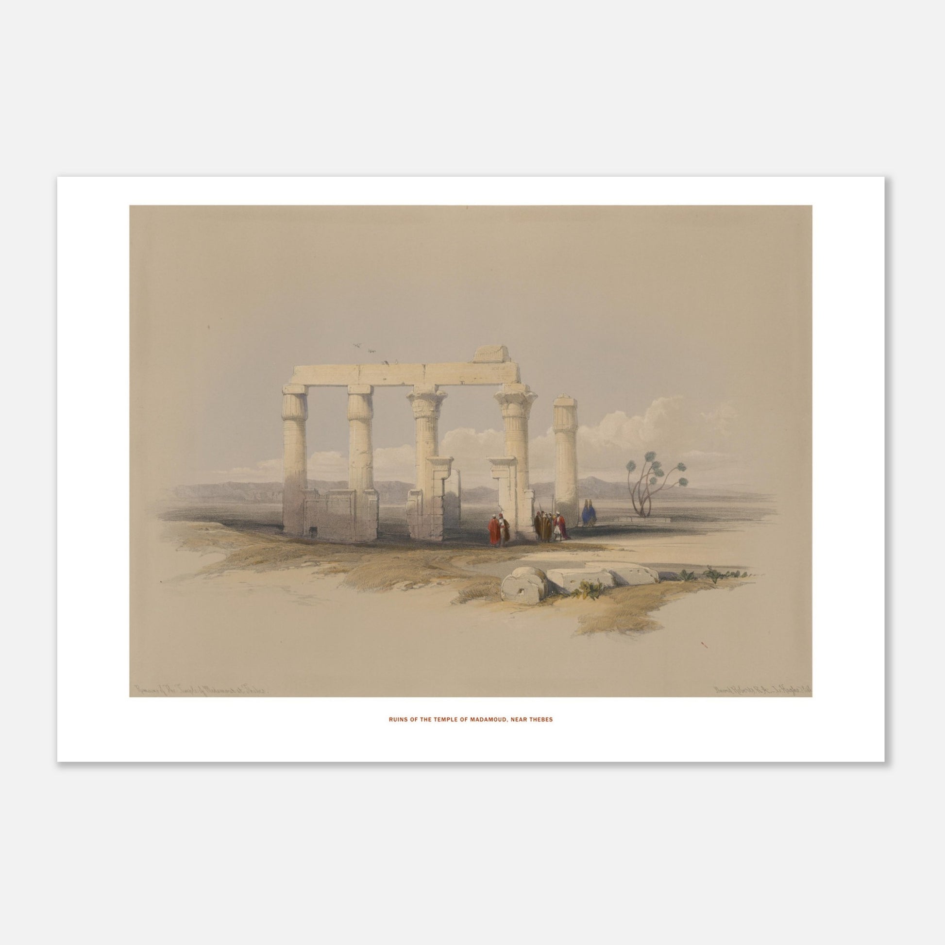 Gravure ancienne : Temple de Madamoud près de Thèbes, David Roberts (21x29,7 cm (A4)). Lithographie montrant les ruines du temple de Madamous près de Thèbes, avec des colonnes imposantes et des structures architecturales éparses dans un paysage aride.