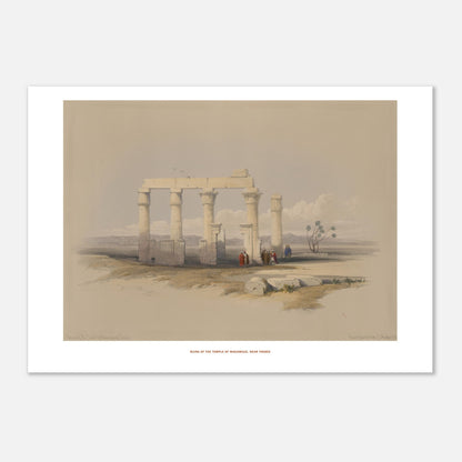 Gravure ancienne : Temple de Madamoud près de Thèbes, David Roberts (21x29,7 cm (A4)). Lithographie montrant les ruines du temple de Madamous près de Thèbes, avec des colonnes imposantes et des structures architecturales éparses dans un paysage aride.