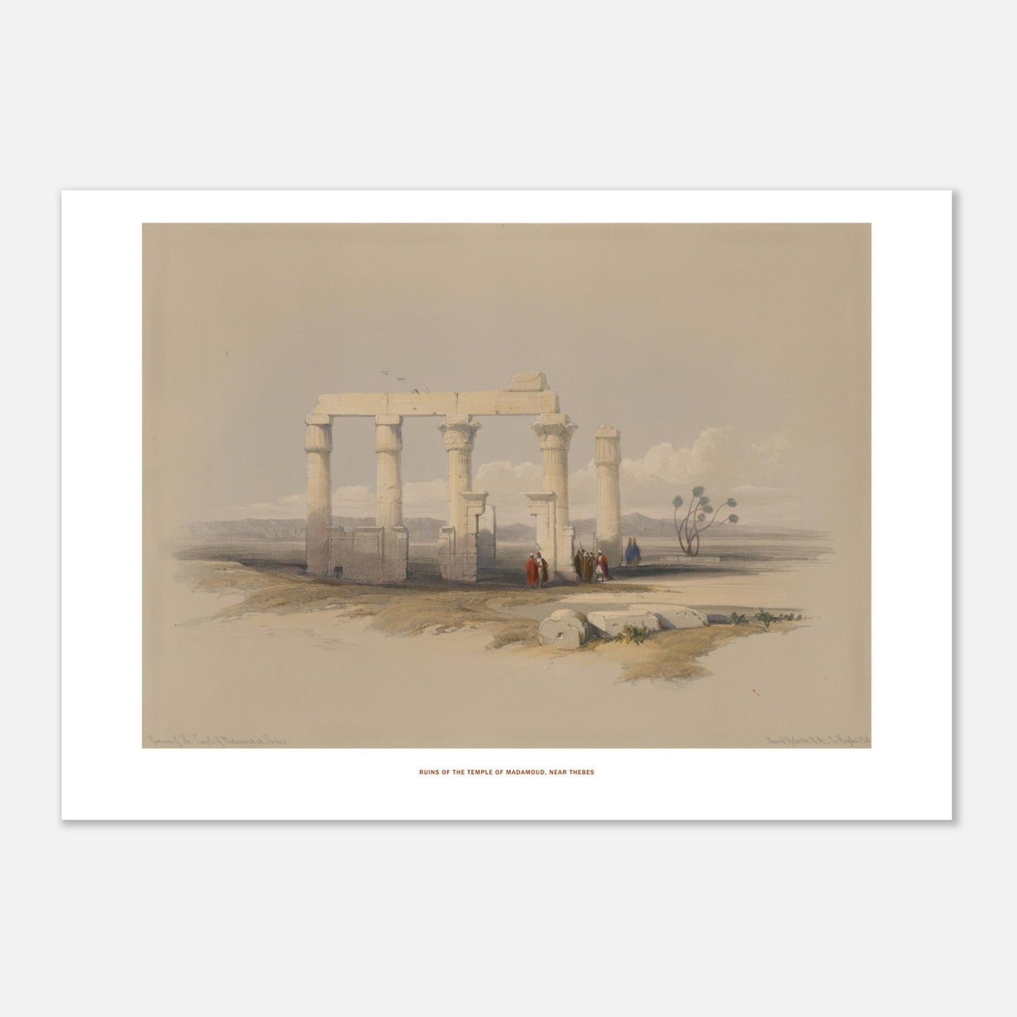 Gravure ancienne : Temple de Madamoud près de Thèbes, David Roberts (29,7x42 cm (A3)). Lithographie montrant les ruines du temple de Madamous près de Thèbes, avec des colonnes imposantes et des structures architecturales éparses dans un paysage aride.
