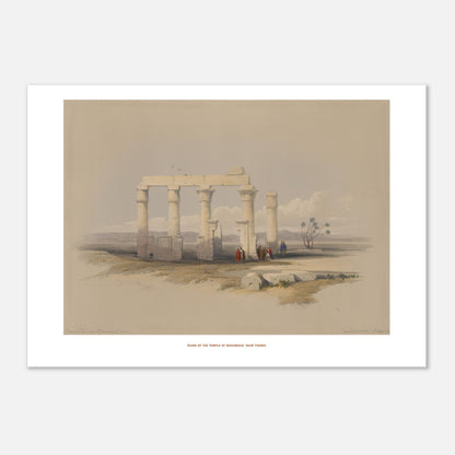 Gravure ancienne : Temple de Madamoud près de Thèbes, David Roberts (29,7x42 cm (A3)). Lithographie montrant les ruines du temple de Madamous près de Thèbes, avec des colonnes imposantes et des structures architecturales éparses dans un paysage aride.