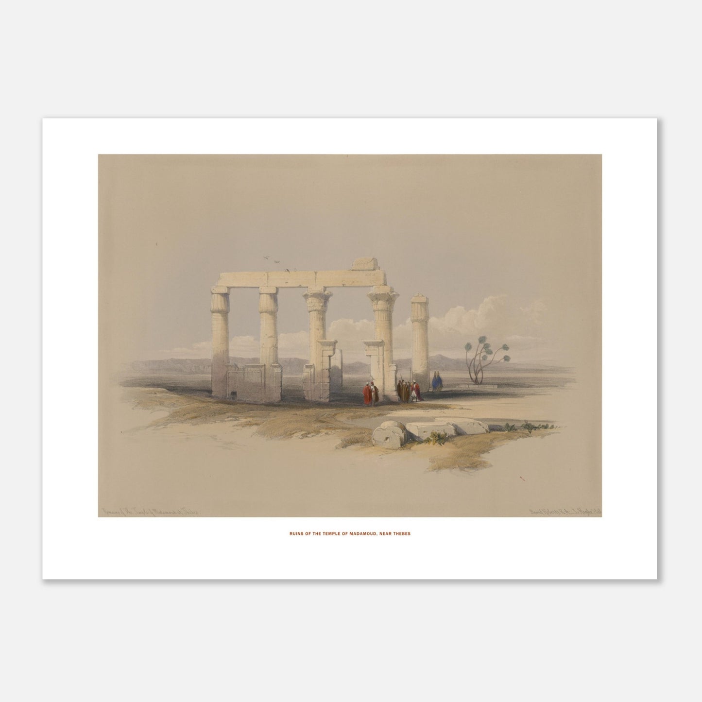 Gravure ancienne : Temple de Madamoud près de Thèbes, David Roberts (30x40 cm). Lithographie montrant les ruines du temple de Madamous près de Thèbes, avec des colonnes imposantes et des structures architecturales éparses dans un paysage aride.