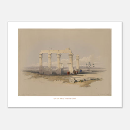 Gravure ancienne : Temple de Madamoud près de Thèbes, David Roberts (30x40 cm). Lithographie montrant les ruines du temple de Madamous près de Thèbes, avec des colonnes imposantes et des structures architecturales éparses dans un paysage aride.