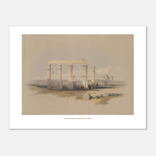 Gravure ancienne : Temple de Madamoud près de Thèbes, David Roberts (30x40 cm). Lithographie montrant les ruines du temple de Madamous près de Thèbes, avec des colonnes imposantes et des structures architecturales éparses dans un paysage aride.