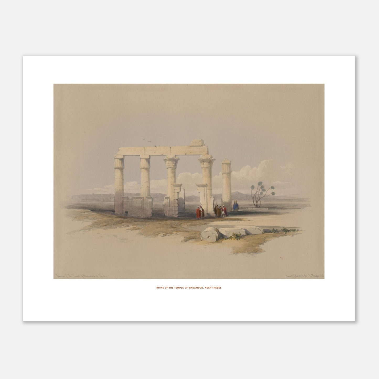 Gravure ancienne : Temple de Madamoud près de Thèbes, David Roberts (40x50 cm). Lithographie montrant les ruines du temple de Madamous près de Thèbes, avec des colonnes imposantes et des structures architecturales éparses dans un paysage aride.