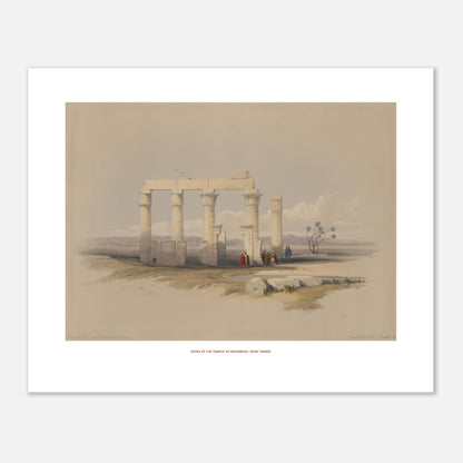 Gravure ancienne : Temple de Madamoud près de Thèbes, David Roberts (40x50 cm). Lithographie montrant les ruines du temple de Madamous près de Thèbes, avec des colonnes imposantes et des structures architecturales éparses dans un paysage aride.