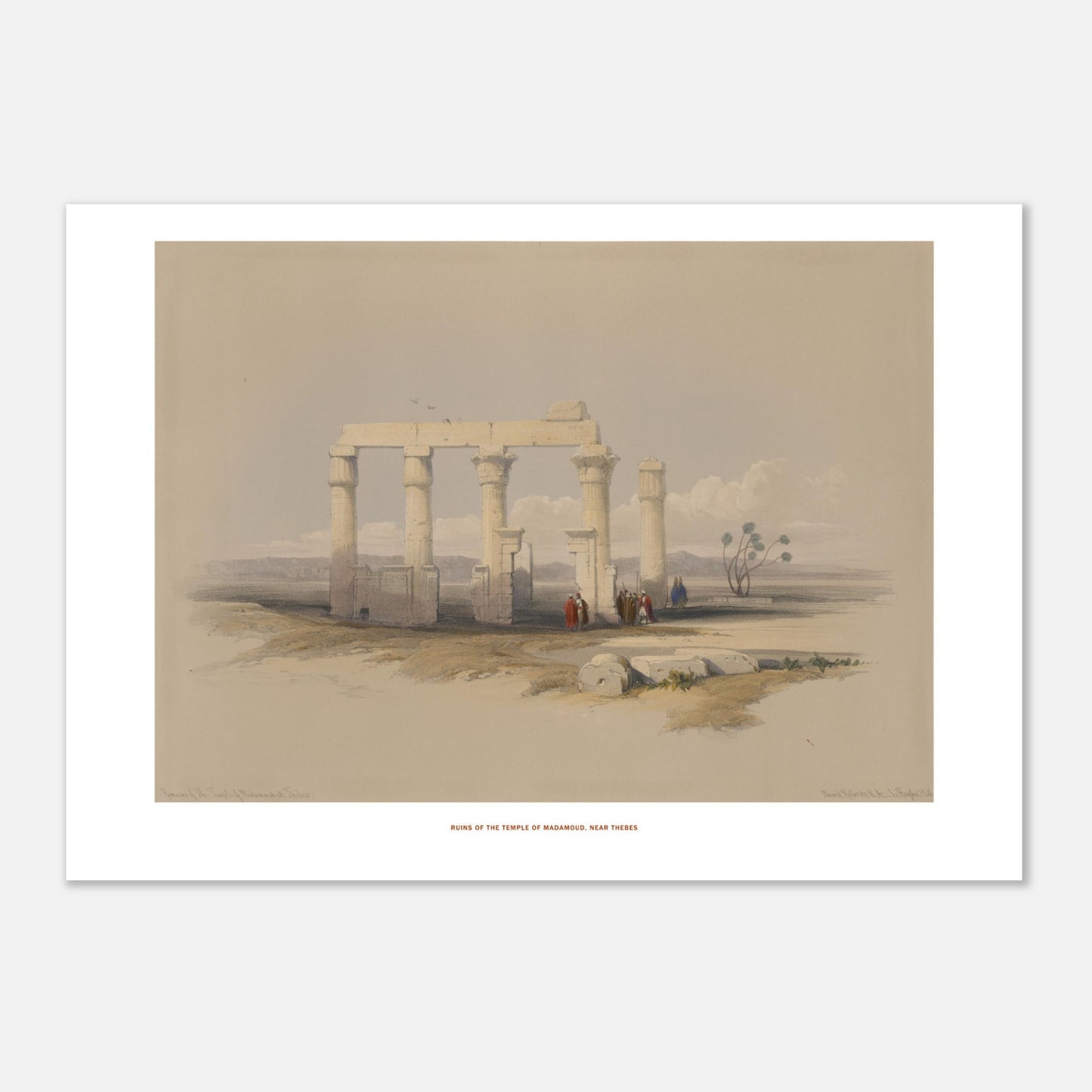 Gravure ancienne : Temple de Madamoud près de Thèbes, David Roberts (42x59,4 cm (A2)). Lithographie montrant les ruines du temple de Madamous près de Thèbes, avec des colonnes imposantes et des structures architecturales éparses dans un paysage aride.