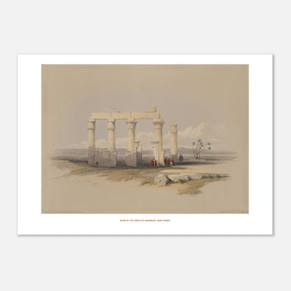 Gravure ancienne : Temple de Madamoud près de Thèbes, David Roberts (42x59,4 cm (A2)). Lithographie montrant les ruines du temple de Madamous près de Thèbes, avec des colonnes imposantes et des structures architecturales éparses dans un paysage aride.