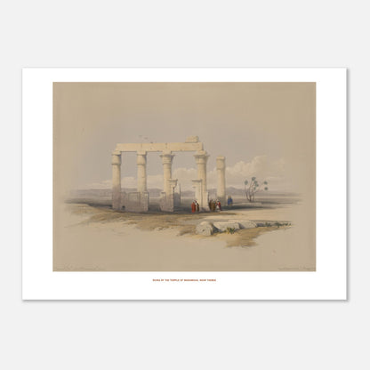 Gravure ancienne : Temple de Madamoud près de Thèbes, David Roberts (50x70 cm). Lithographie montrant les ruines du temple de Madamous près de Thèbes, avec des colonnes imposantes et des structures architecturales éparses dans un paysage aride.