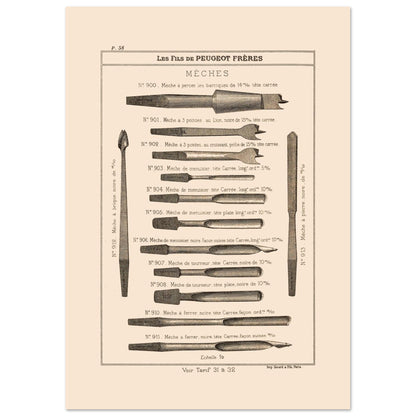 Planche de mèches et outils de perçage, catalogue Peugeot Frères 1885 (21x29,7 cm (A4)). Gravure du catalogue Peugeot Frères illustrant divers types de mèches pour le perçage, avec leurs numéros, descriptions et dimensions.