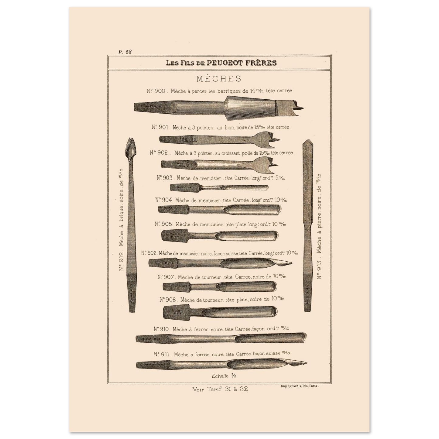 Planche de mèches et outils de perçage, catalogue Peugeot Frères 1885 (29,7x42 cm (A3)). Gravure du catalogue Peugeot Frères illustrant divers types de mèches pour le perçage, avec leurs numéros, descriptions et dimensions.