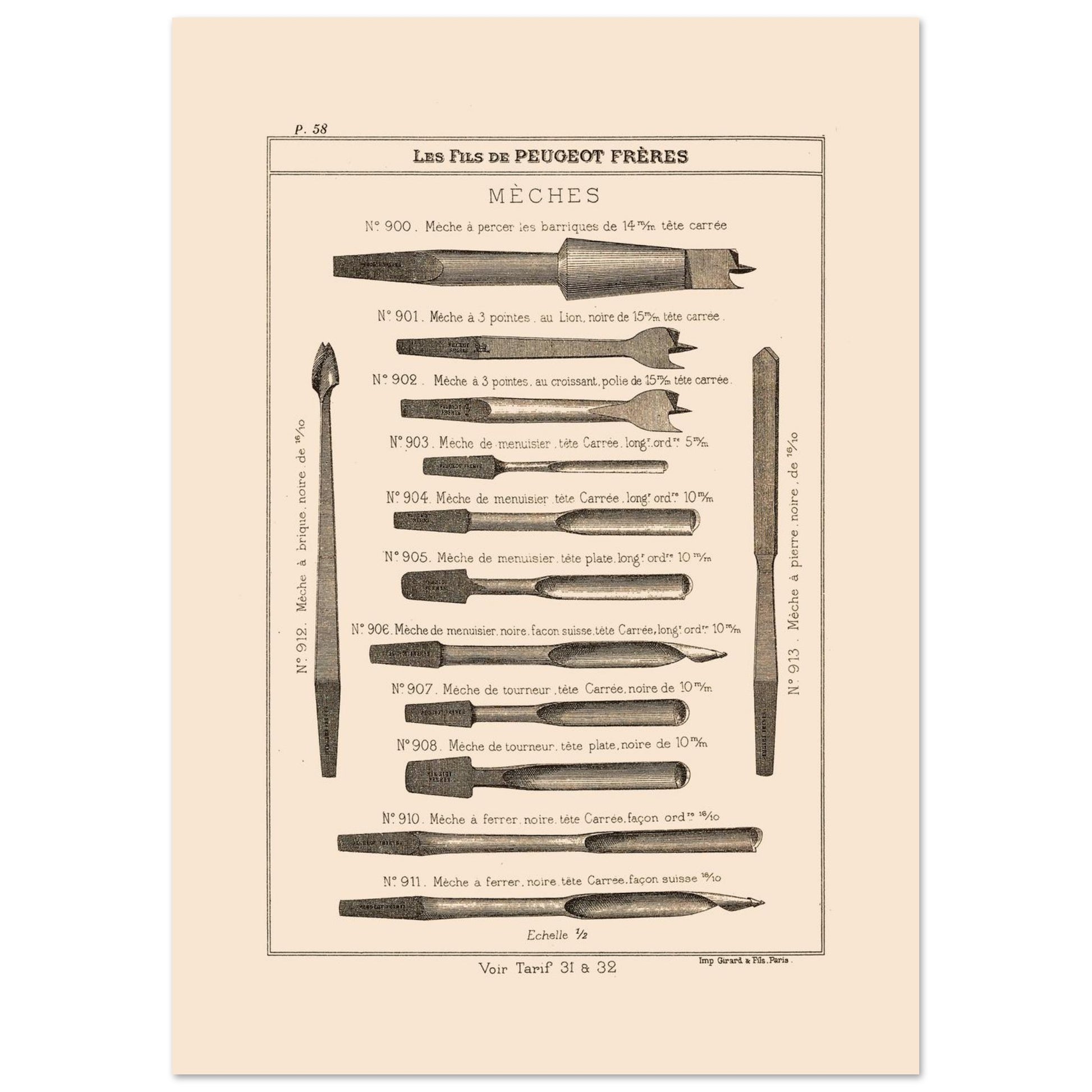 Planche de mèches et outils de perçage, catalogue Peugeot Frères 1885 (29,7x42 cm (A3)). Gravure du catalogue Peugeot Frères illustrant divers types de mèches pour le perçage, avec leurs numéros, descriptions et dimensions.