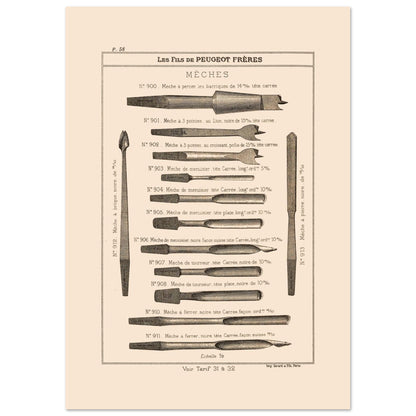 Planche de mèches et outils de perçage, catalogue Peugeot Frères 1885 (29,7x42 cm (A3)). Gravure du catalogue Peugeot Frères illustrant divers types de mèches pour le perçage, avec leurs numéros, descriptions et dimensions.