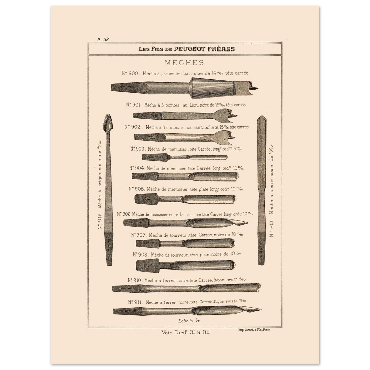 Planche de mèches et outils de perçage, catalogue Peugeot Frères 1885 (30x40 cm). Gravure du catalogue Peugeot Frères illustrant divers types de mèches pour le perçage, avec leurs numéros, descriptions et dimensions.