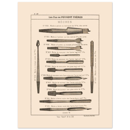 Planche de mèches et outils de perçage, catalogue Peugeot Frères 1885 (30x40 cm). Gravure du catalogue Peugeot Frères illustrant divers types de mèches pour le perçage, avec leurs numéros, descriptions et dimensions.