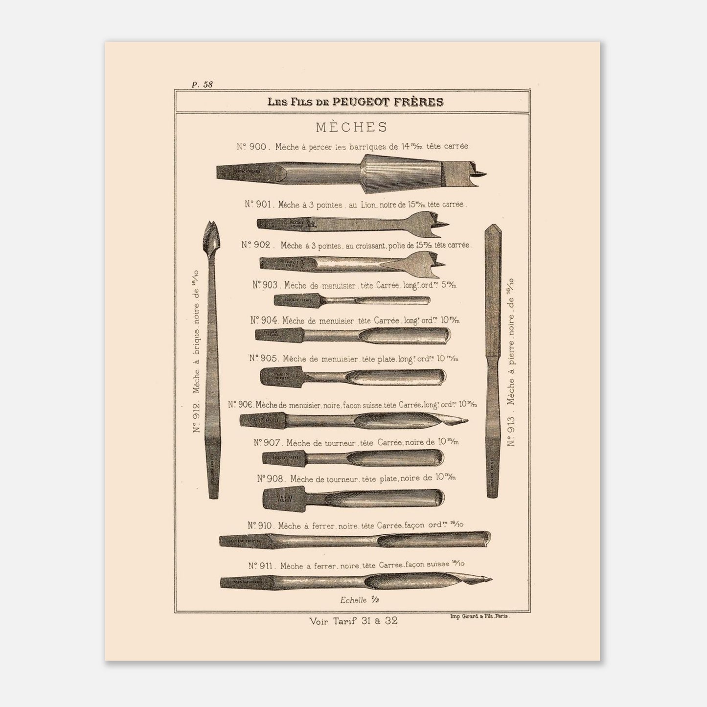 Planche de mèches et outils de perçage, catalogue Peugeot Frères 1885. Gravure du catalogue Peugeot Frères illustrant divers types de mèches pour le perçage, avec leurs numéros, descriptions et dimensions. Image d'illustration 4