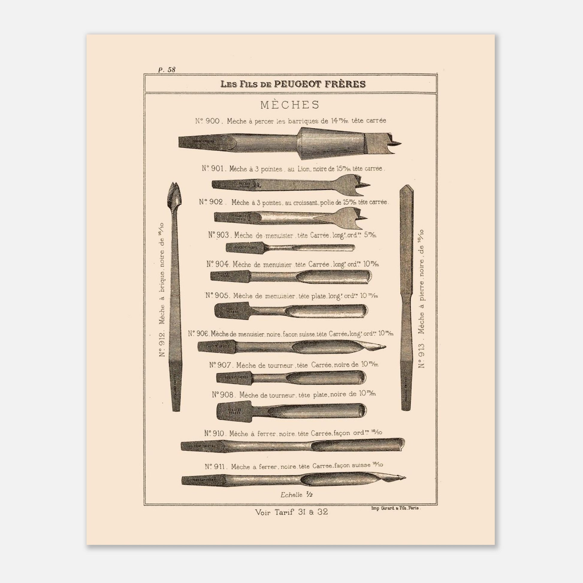 Planche de mèches et outils de perçage, catalogue Peugeot Frères 1885. Gravure du catalogue Peugeot Frères illustrant divers types de mèches pour le perçage, avec leurs numéros, descriptions et dimensions. Image d'illustration 4