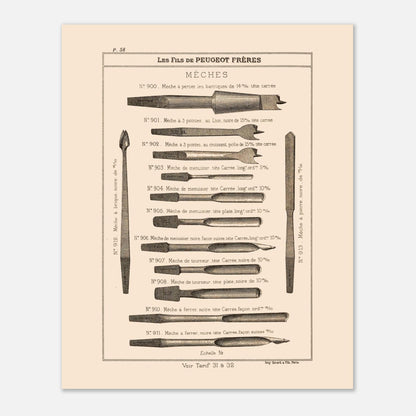 Planche de mèches et outils de perçage, catalogue Peugeot Frères 1885. Gravure du catalogue Peugeot Frères illustrant divers types de mèches pour le perçage, avec leurs numéros, descriptions et dimensions. Image d'illustration 4