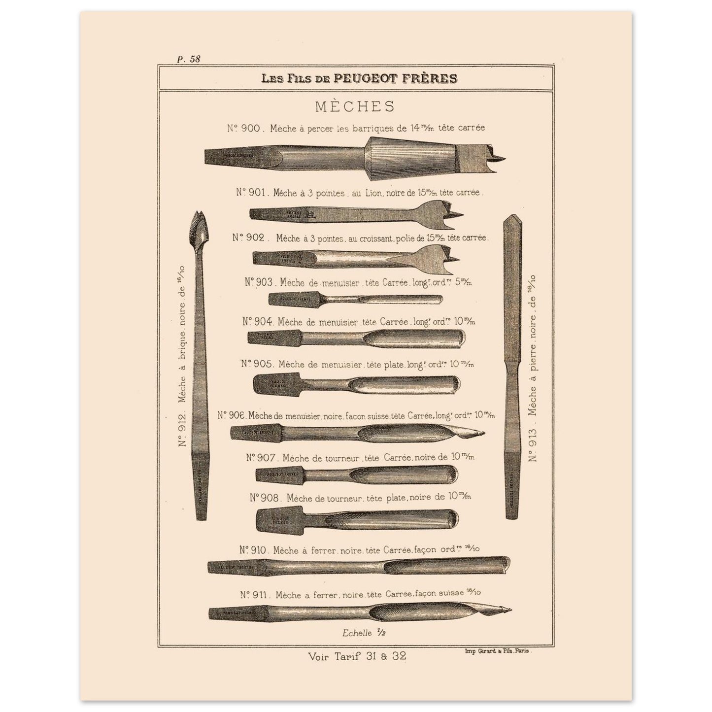 Planche de mèches et outils de perçage, catalogue Peugeot Frères 1885 (40x50 cm). Gravure du catalogue Peugeot Frères illustrant divers types de mèches pour le perçage, avec leurs numéros, descriptions et dimensions.
