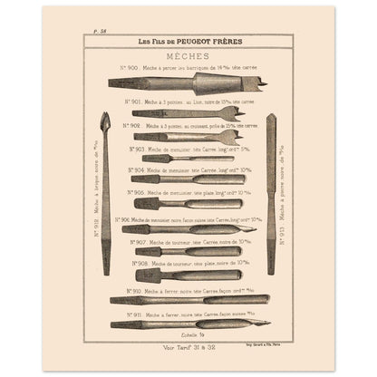 Planche de mèches et outils de perçage, catalogue Peugeot Frères 1885 (40x50 cm). Gravure du catalogue Peugeot Frères illustrant divers types de mèches pour le perçage, avec leurs numéros, descriptions et dimensions.
