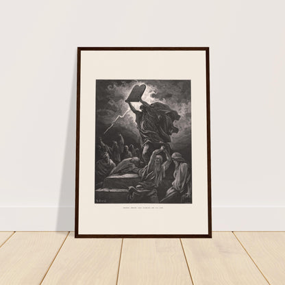 Mose zerschmettert die Gesetzestafeln, Tafel von Gustave Doré. Stich von Gustave Doré, der Moses darstellt, wie er die Gesetzestafeln unter einem stürmischen Himmel zerschmettert, umgeben von Personen.
