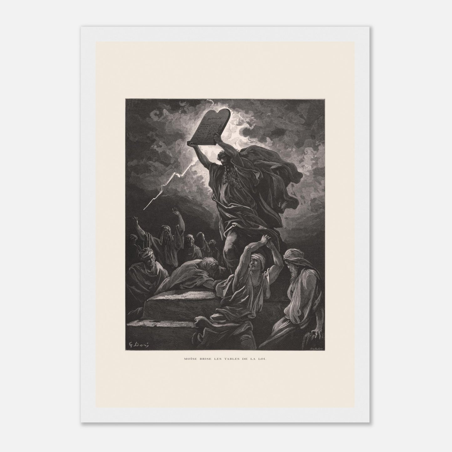 Moïse brisant les Tables de la Loi, planche de Gustave Doré (21x29,7 cm (A4) / Cadre blanc). Gravure de Gustave Doré dépeignant Moïse brisant les tables de la loi sous un ciel orageux, entouré de personnages.