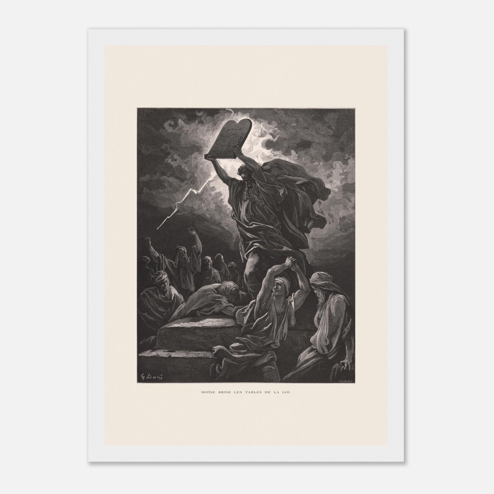 Moïse brisant les Tables de la Loi, planche de Gustave Doré (21x29,7 cm (A4) / Cadre blanc). Gravure de Gustave Doré dépeignant Moïse brisant les tables de la loi sous un ciel orageux, entouré de personnages.