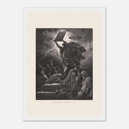 Moïse brisant les Tables de la Loi, planche de Gustave Doré (21x29,7 cm (A4) / Cadre blanc). Gravure de Gustave Doré dépeignant Moïse brisant les tables de la loi sous un ciel orageux, entouré de personnages.