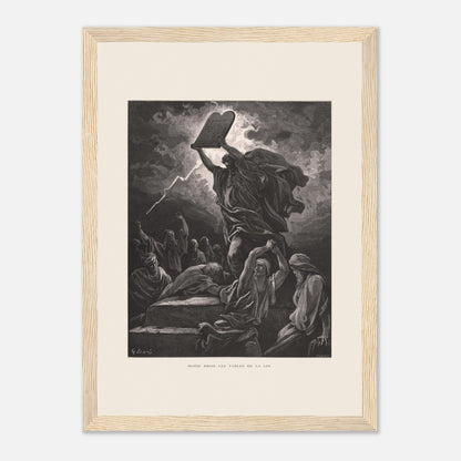 Moïse brisant les Tables de la Loi, planche de Gustave Doré (21x29,7 cm (A4) / Cadre bois clair). Gravure de Gustave Doré dépeignant Moïse brisant les tables de la loi sous un ciel orageux, entouré de personnages.