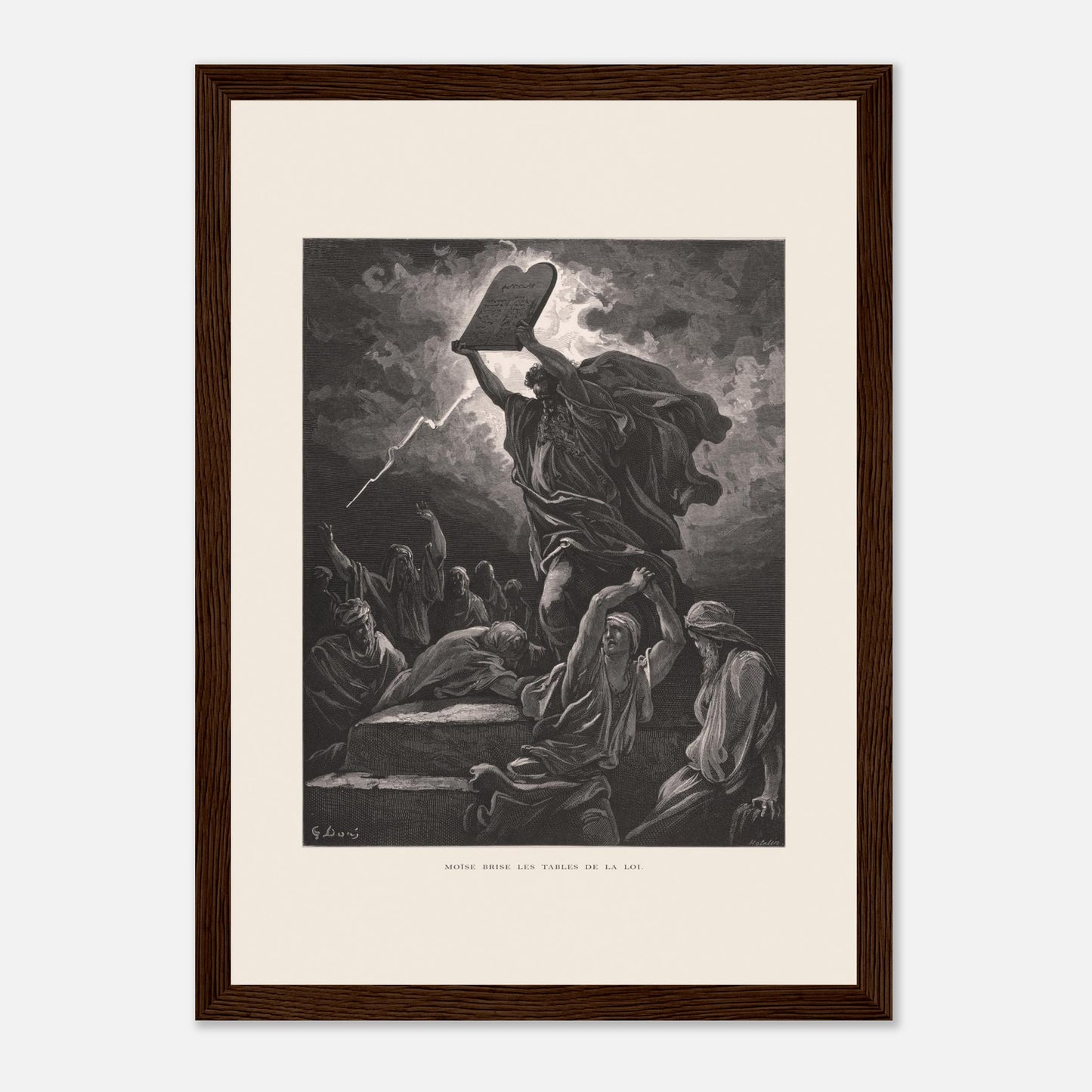 Moïse brisant les Tables de la Loi, planche de Gustave Doré (21x29,7 cm (A4) / Cadre bois foncé). Gravure de Gustave Doré dépeignant Moïse brisant les tables de la loi sous un ciel orageux, entouré de personnages.