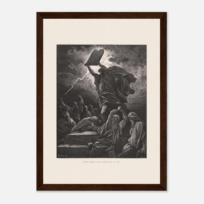 Moïse brisant les Tables de la Loi, planche de Gustave Doré (21x29,7 cm (A4) / Cadre bois foncé). Gravure de Gustave Doré dépeignant Moïse brisant les tables de la loi sous un ciel orageux, entouré de personnages.