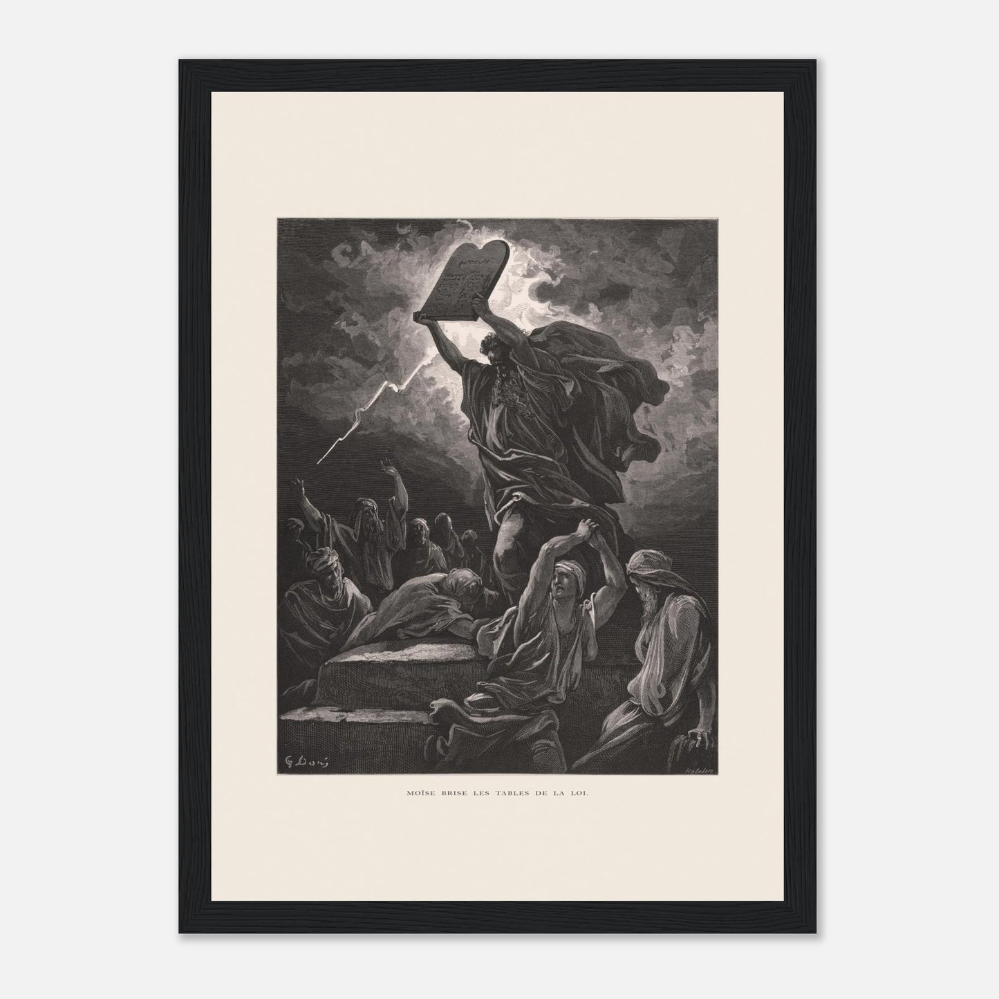 Moïse brisant les Tables de la Loi, planche de Gustave Doré (21x29,7 cm (A4) / Cadre noir). Gravure de Gustave Doré dépeignant Moïse brisant les tables de la loi sous un ciel orageux, entouré de personnages.
