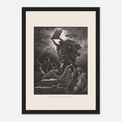Moïse brisant les Tables de la Loi, planche de Gustave Doré (21x29,7 cm (A4) / Cadre noir). Gravure de Gustave Doré dépeignant Moïse brisant les tables de la loi sous un ciel orageux, entouré de personnages.
