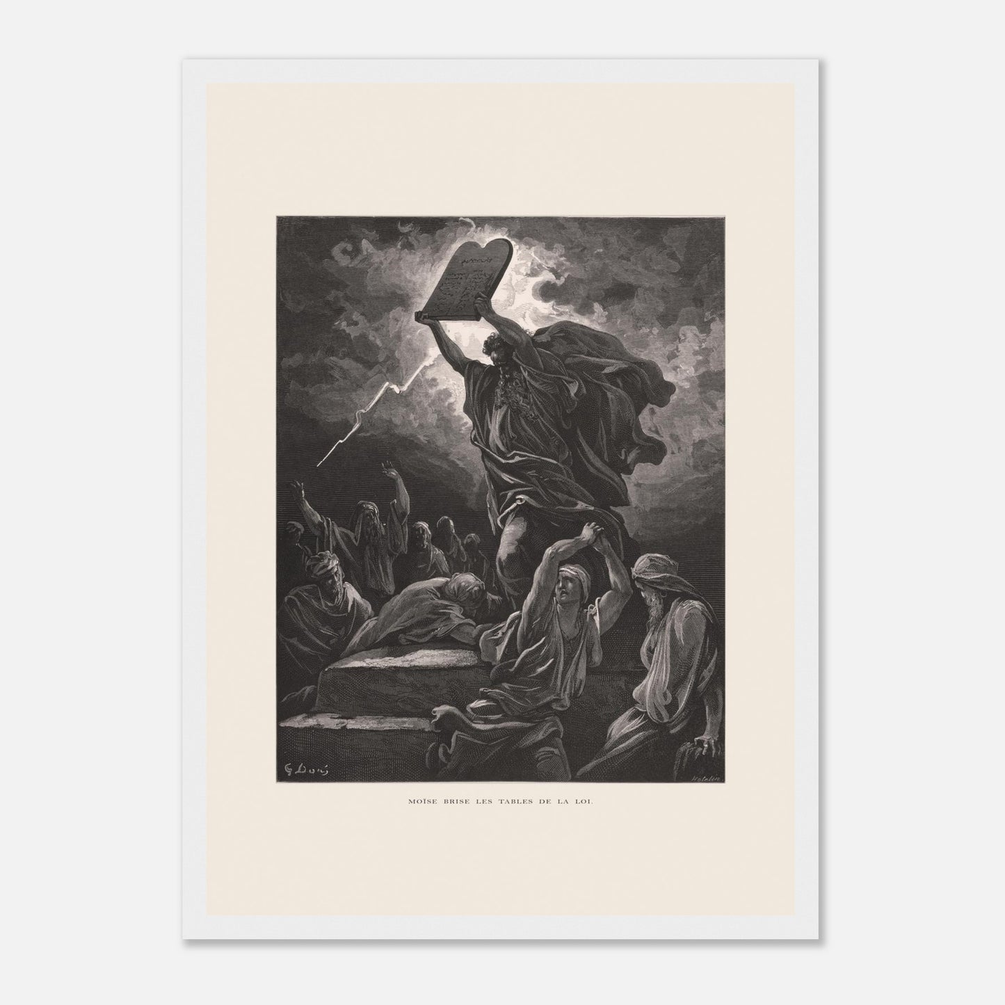 Moïse brisant les Tables de la Loi, planche de Gustave Doré (29,7x42 cm (A3) / Cadre blanc). Gravure de Gustave Doré dépeignant Moïse brisant les tables de la loi sous un ciel orageux, entouré de personnages.