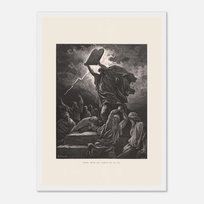 Moïse brisant les Tables de la Loi, planche de Gustave Doré (29,7x42 cm (A3) / Cadre blanc). Gravure de Gustave Doré dépeignant Moïse brisant les tables de la loi sous un ciel orageux, entouré de personnages.