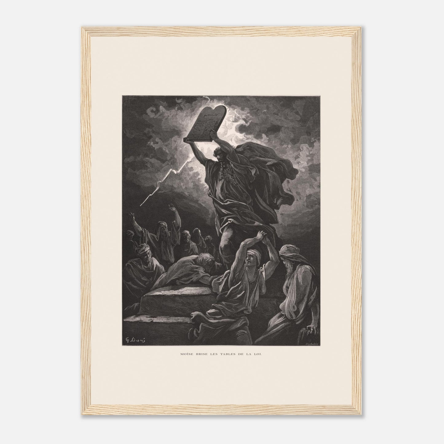 Moïse brisant les Tables de la Loi, planche de Gustave Doré (29,7x42 cm (A3) / Cadre bois clair). Gravure de Gustave Doré dépeignant Moïse brisant les tables de la loi sous un ciel orageux, entouré de personnages.