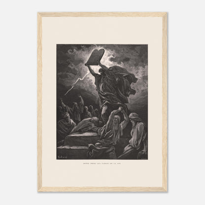 Moïse brisant les Tables de la Loi, planche de Gustave Doré (29,7x42 cm (A3) / Cadre bois clair). Gravure de Gustave Doré dépeignant Moïse brisant les tables de la loi sous un ciel orageux, entouré de personnages.