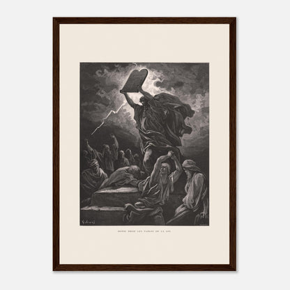 Moïse brisant les Tables de la Loi, planche de Gustave Doré (29,7x42 cm (A3) / Cadre bois foncé). Gravure de Gustave Doré dépeignant Moïse brisant les tables de la loi sous un ciel orageux, entouré de personnages.
