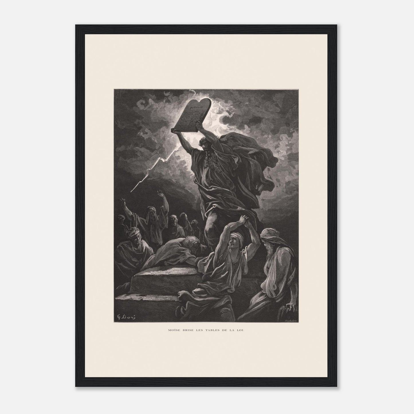 Moïse brisant les Tables de la Loi, planche de Gustave Doré (29,7x42 cm (A3) / Cadre noir). Gravure de Gustave Doré dépeignant Moïse brisant les tables de la loi sous un ciel orageux, entouré de personnages.